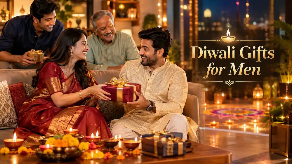 Indian woman in a red saree gifting a wrapped Diwali present to her husband while his father and brother smile, a warm family scene showing diwali gifts for men
