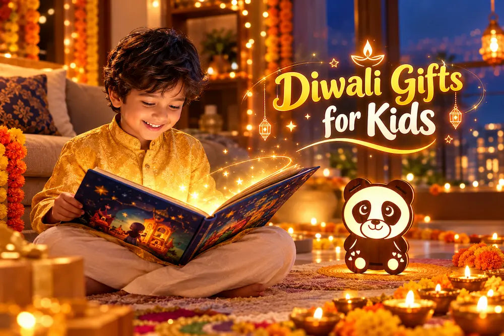 Indian child opening a personalised storybook beside lit diyas and a night lamp, a warm scene of diwali gifts for kids