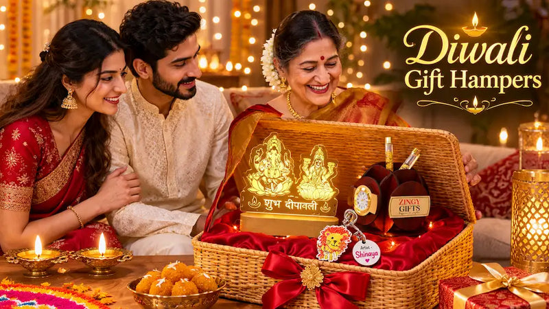 Indian family opening a personalised Diwali hamper with a Lakshmi Ganesh LED lamp, wooden desk organizer and keychain beside lit diyas