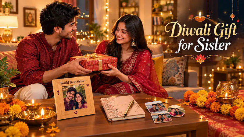 Indian brother handing a personalised diwali gift for sister, a heart name lamp and photo journal, beside lit diyas and marigolds