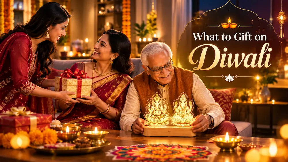 Indian family exchanging personalised Diwali gifts, a Lakshmi Ganesh LED lamp, a photo journal and a diya set, beside lit diyas and marigolds, showing what to gift on Diwali