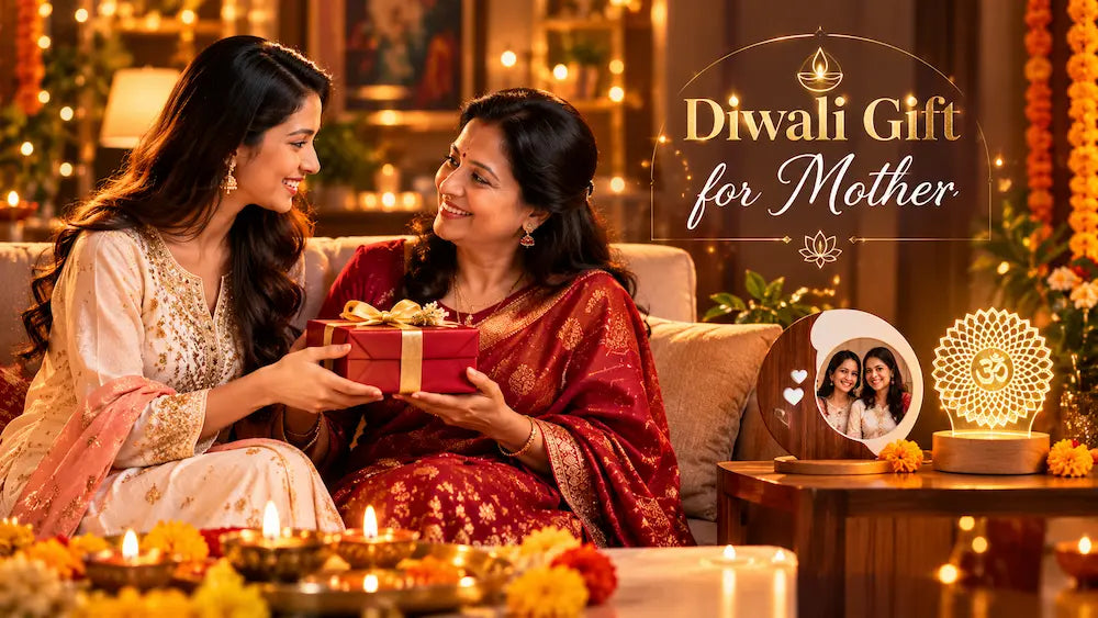 Indian daughter gifting her mother a personalised Lakshmi Ganesh LED lamp and wooden photo frame beside lit diyas and marigolds
