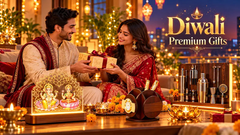 Indian family exchanging personalised diwali premium gifts, a Lakshmi Ganesh LED lamp, a wooden desk organizer and a home bar kit, beside lit diyas and marigolds