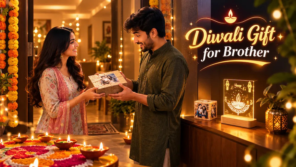 Indian sister handing a personalised diwali gift for brother, a photo rolling cube and a wooden Diwali diya lamp, beside lit diyas and marigolds