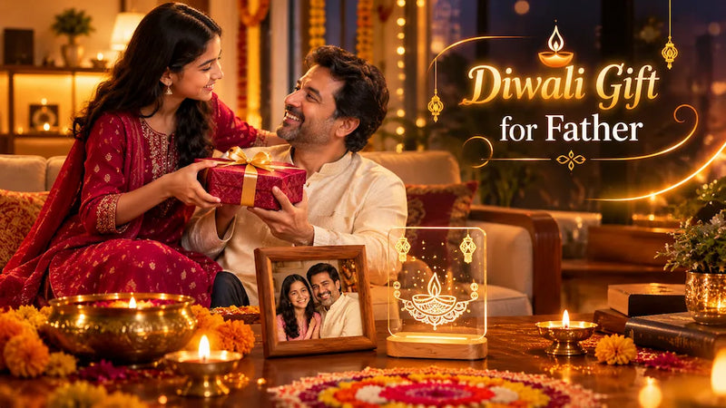Indian daughter handing a wrapped personalised Diwali gift for father, a wooden photo frame and an LED diya lamp, to her smiling dad beside lit diyas and marigolds