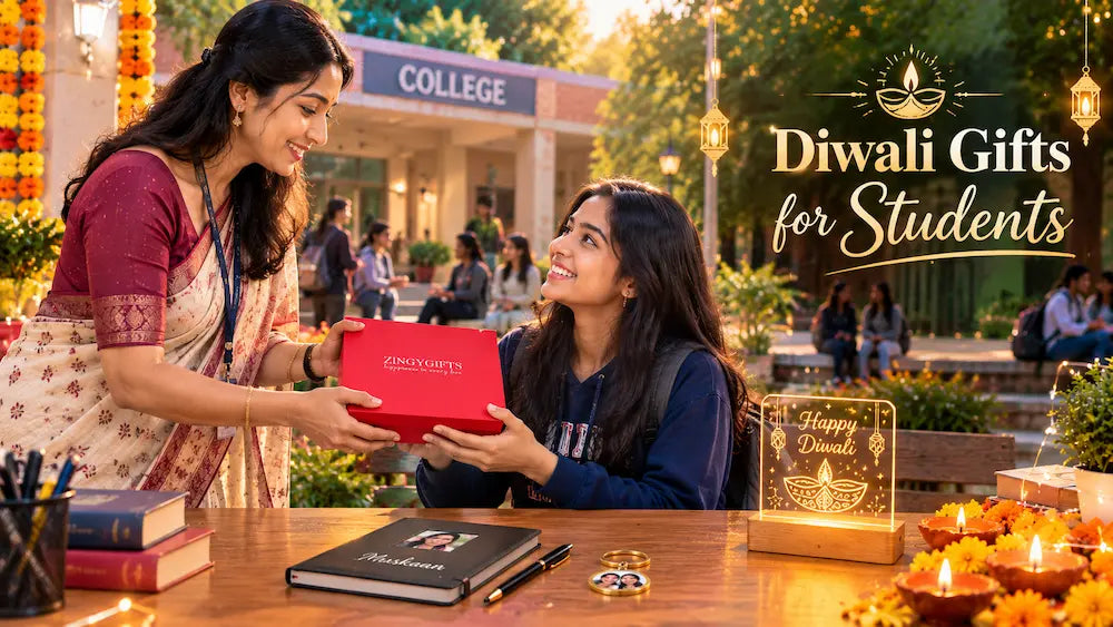 Indian college student in a hostel room opening a personalised Diwali gift, a photo diary, a Spotify keychain and a wooden diya LED lamp on the study table beside lit diyas