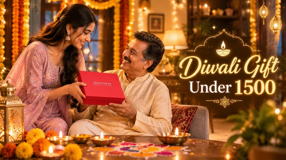 Diwali gift under 1500 being handed to a smiling father by his daughter beside lit diyas, a rangoli and a marigold garland at home