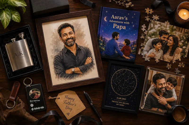 unique father's day gifts India 2026 — personalised caricature portrait Spotify keychain star map frame and photo puzzle gift collection — ZingyGifts India