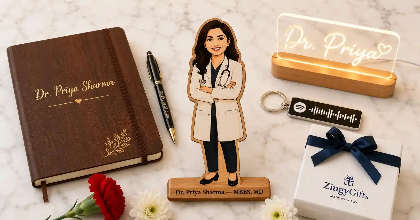 Unique gifts for female doctors India 2026 — personalised caricature, diary pen set and more from ZingyGifts