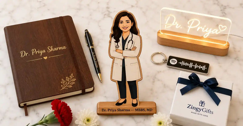 Unique gifts for female doctors India 2026 — personalised caricature, diary pen set and more from ZingyGifts