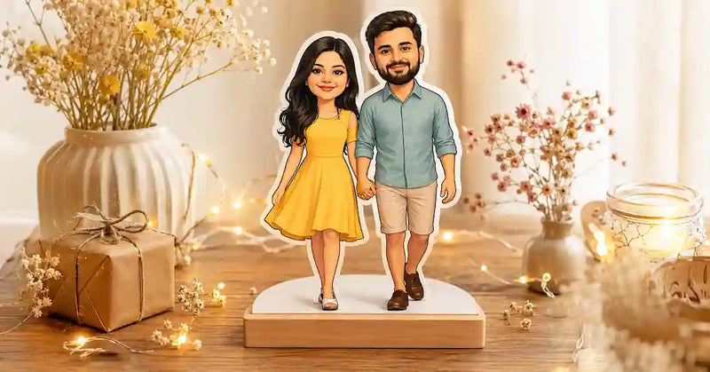 Personalized caricature gift on wooden desk — custom caricature portrait for birthday and anniversary gifting India 2026 — ZingyGifts