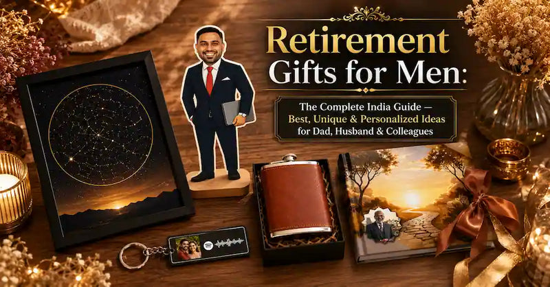 Personalized retirement giftes for men India 2026 — caricatur standee, star map frame, custom story book and engraved drinkware displayed together