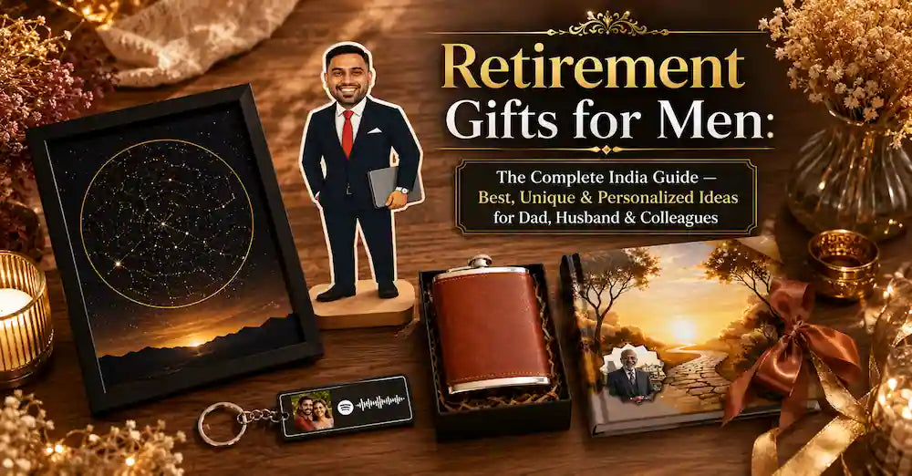 Personalized retirement giftes for men India 2026 — caricatur standee, star map frame, custom story book and engraved drinkware displayed together