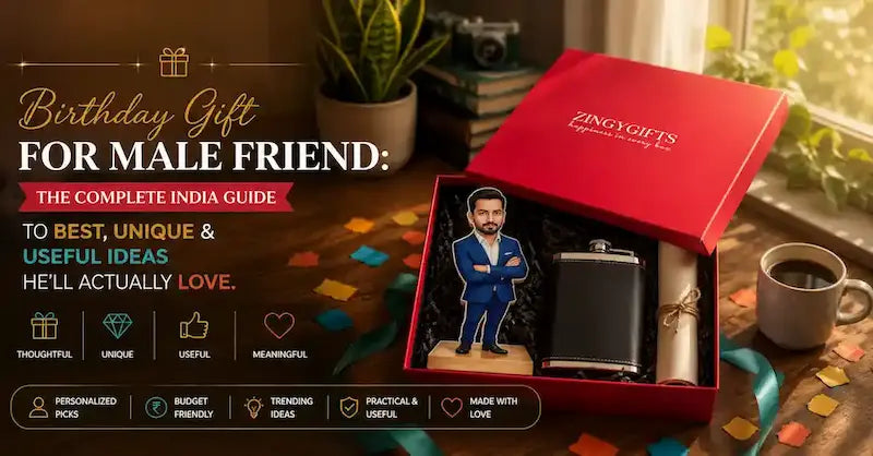 Personalized birthday gift for male friend including caricature portrait and star map frame from ZingyGifts India