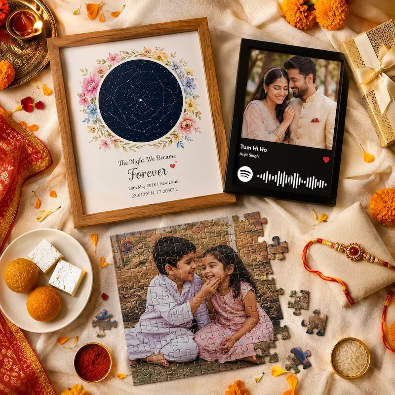  Unique personalised Raksha Bandhan gifts for sister India 2026 — star map frame, Spotify frame, and photo puzzle displayed together