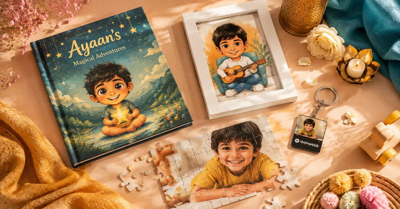 Personalised gifts for kids India — story book, caricature, photo puzzle and Spotify keychain arranged as birthday gift ideas