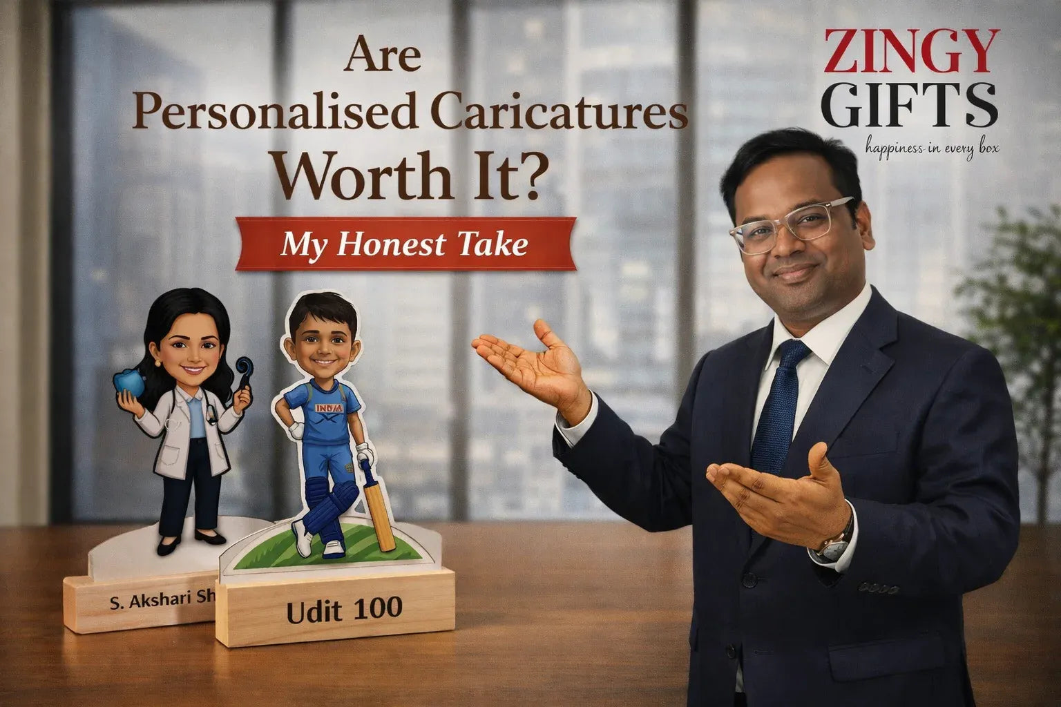 Personalised wooden MDF caricature gift for office farewell — custom name and message on base, made in India