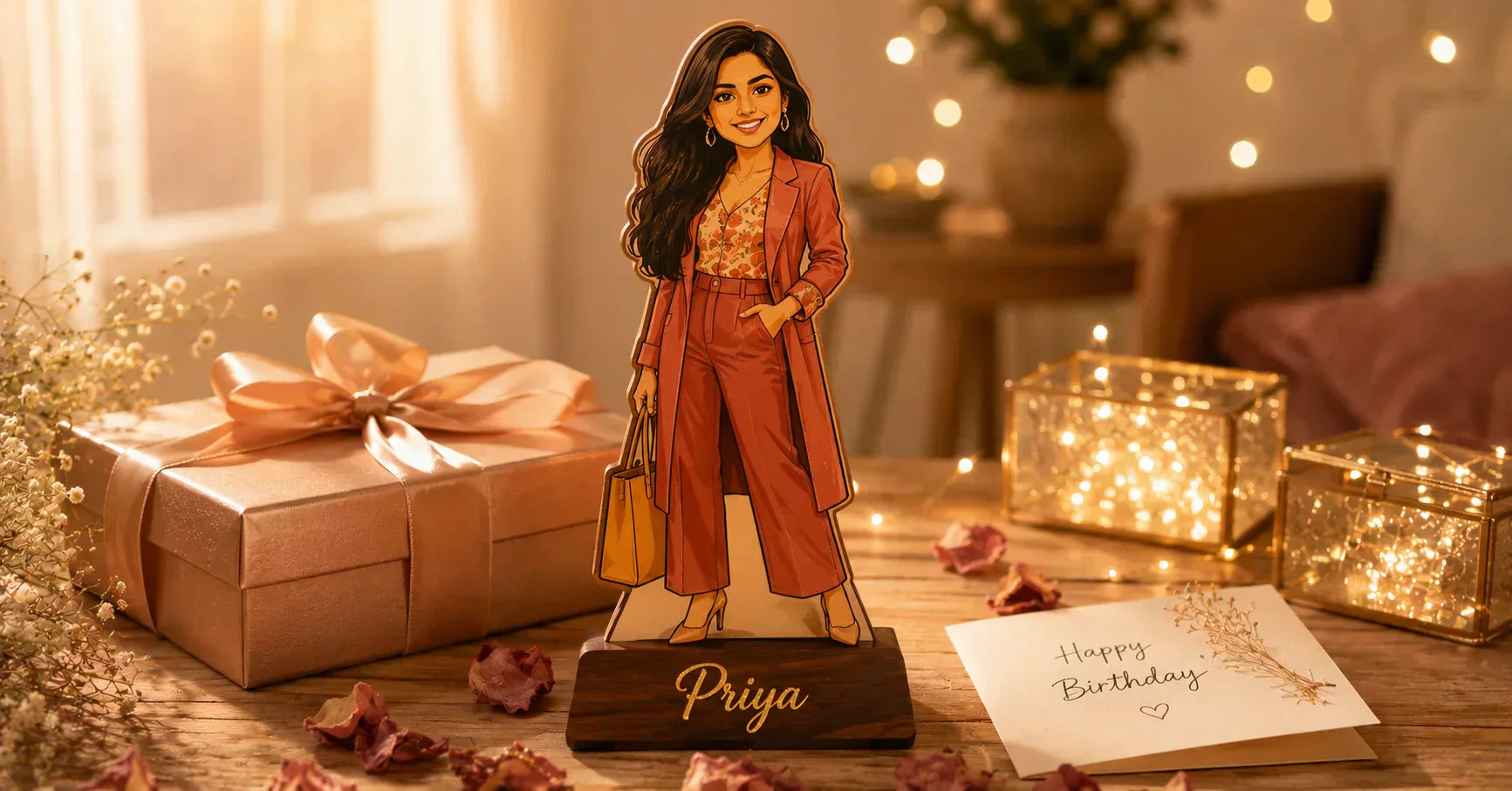 A personalised caricature gifts for her India displayed as a woman caricature standee on a desk, with a warm background and custom cartoon portrait style.
