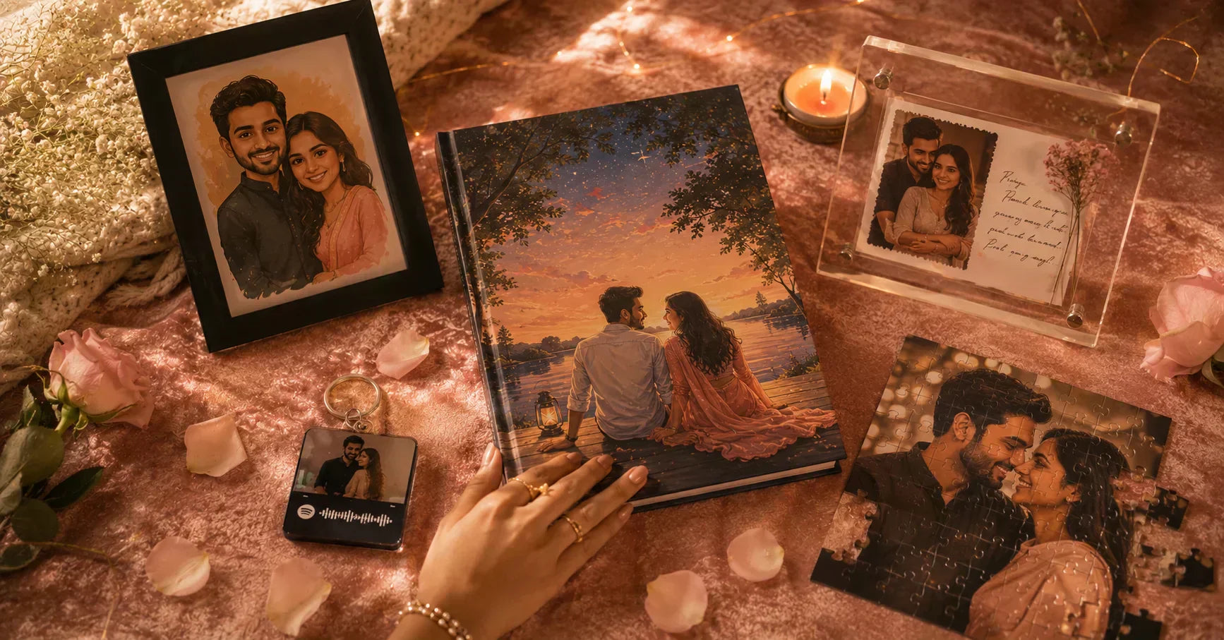 Personalised gifts for wife India — custom story book, caricature, Spotify keychain and photo puzzle arranged as romantic anniversary birthday gift ideas — ZingyGifts