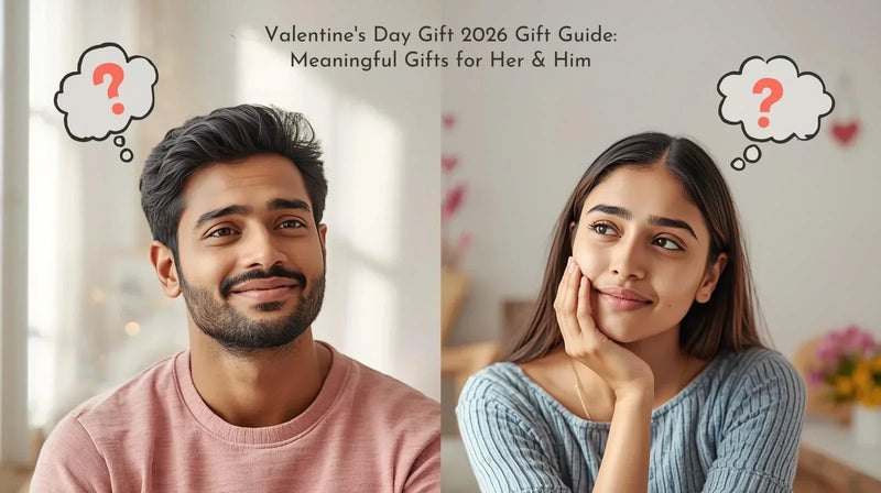 Young Indian couple thinking about Valentine’s Day 2026 gifts for each other, confused expressions with question marks in thought bubbles