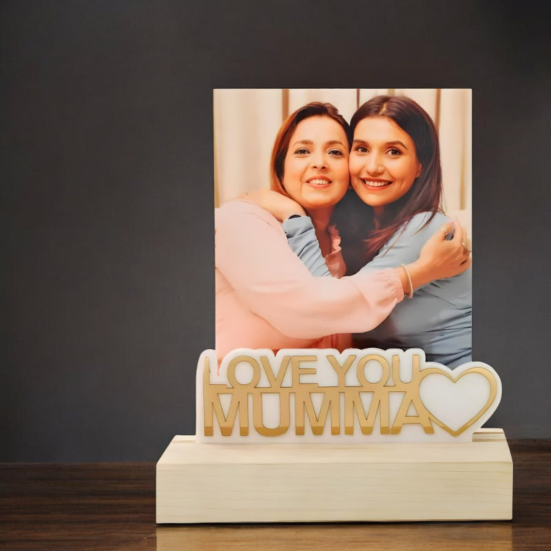 Personalized photo frame with 'Love You Mumma' text and a photo of two women hugging.
