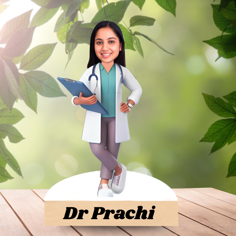 Illustration of a doctor holding a clipboard with a green leafy background, featuring the name 'Dr Prachi'.