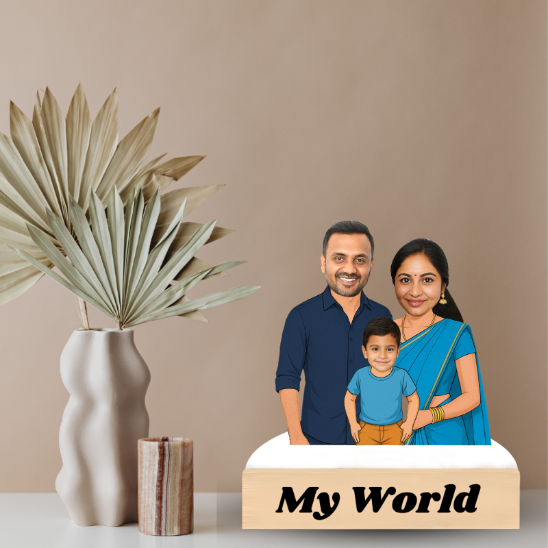 Family portrait with 'My World' text on a decorative stand, next to a vase and plant.