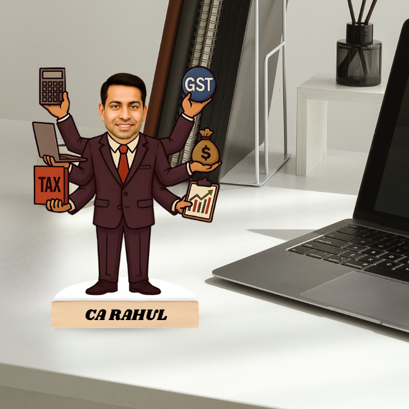 Caricature of a tax professional with multiple arms holding tax, GST, and financial symbols on a desk with a laptop.