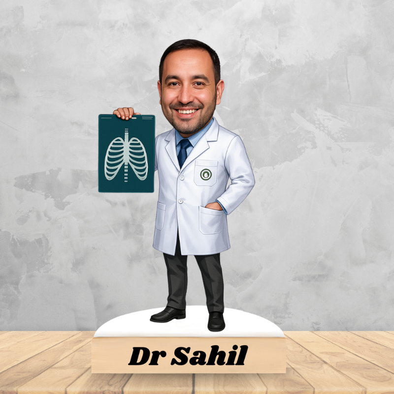 Cartoon doctor holding a chest X-ray with a gray background