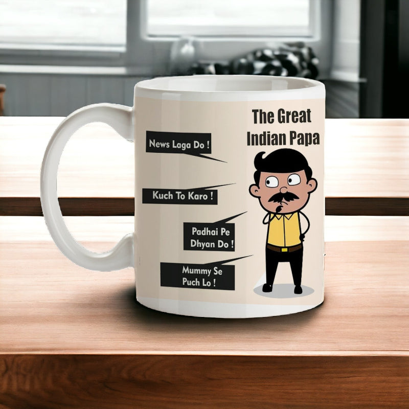 Mug with 'The Great Indian Papa' design on a wooden table