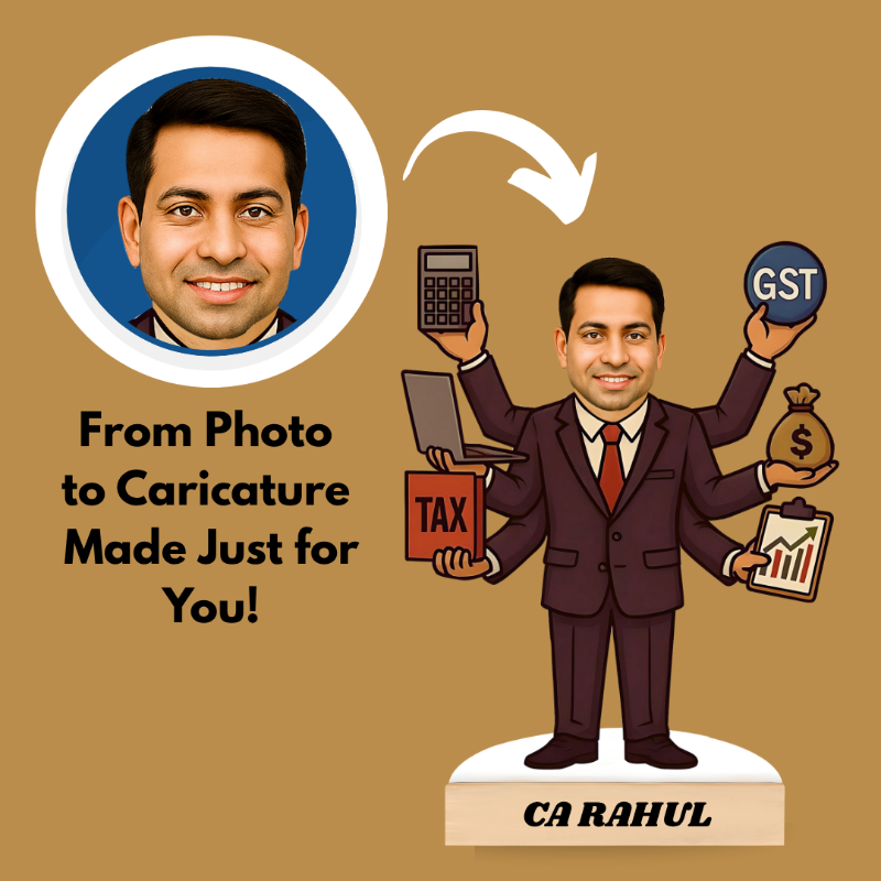 Caricature of a man holding financial symbols with text on a brown background