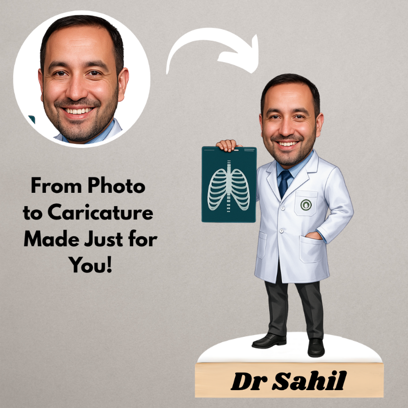 Cartoon caricature of a man in a doctor's outfit with a chest X-ray, labeled 'Dr Sahil', on a gray background.