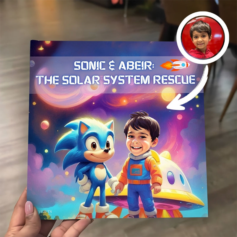 Children's book titled 'Sonic & Abeir: The Solar System Rescue' with a character and child illustration on a colorful space-themed cover.