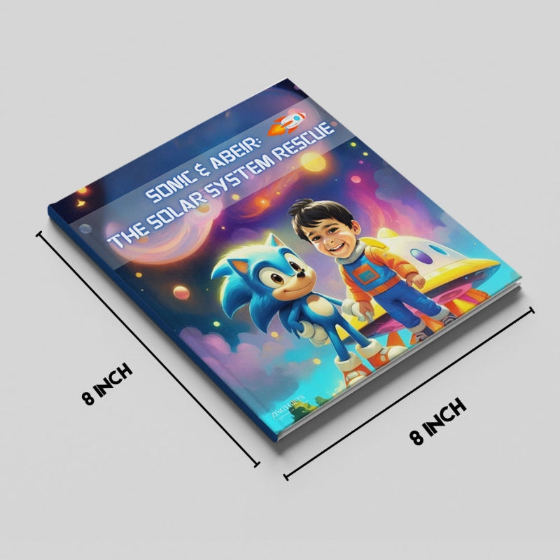 Children's book titled 'Sonic & Abby: The Solar System Rescue' with dimensions displayed on a gray background
