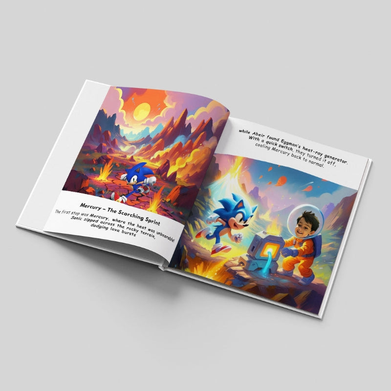 Open book with colorful illustrations of a blue character and a child on a gray background