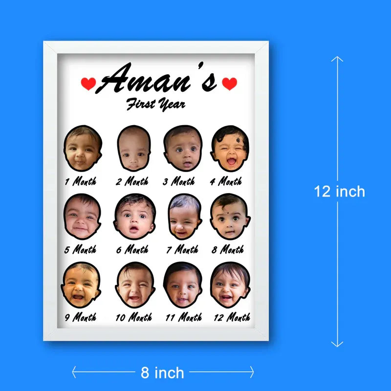 My first year photo frame size — 8x12 inch white wooden frame with 12 monthly circular baby photos from 1 month to 12 month, baby name printed.