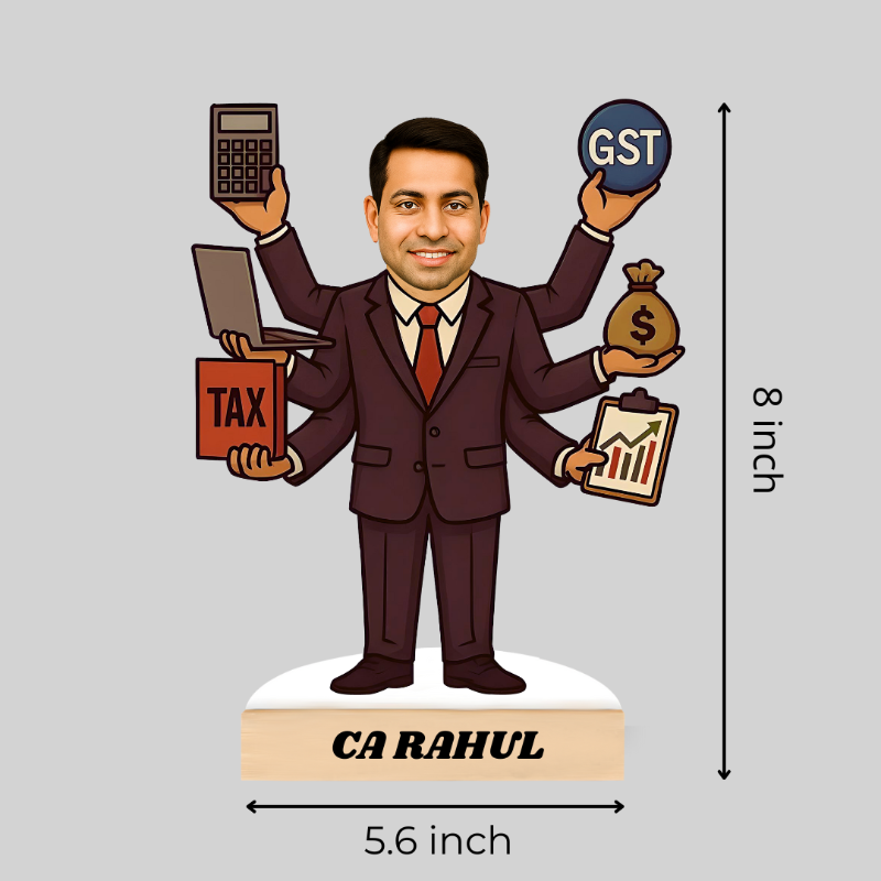 Figurine of a man in a suit with multiple arms holding tax, GST, and financial items, labeled 'CA Rahul'.