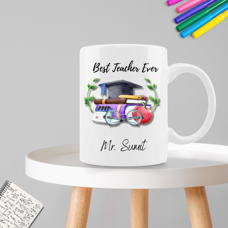 White mug with 'Best Teacher Ever' design on a gray background