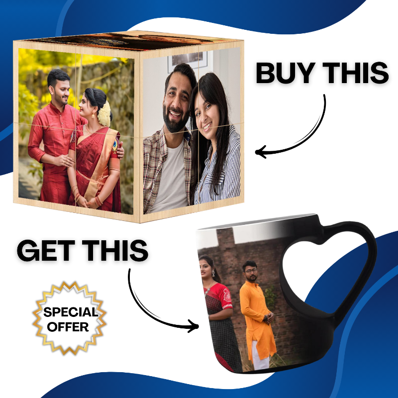 Promotional image featuring a rolling cube and a magic mug with photos of a smiling couple. The rolling cube has a wooden finish with images, and the mug is black with a colorful design.
