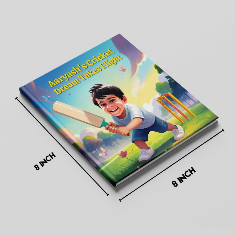 Children's book with a cricket theme and dimensions on a gray background