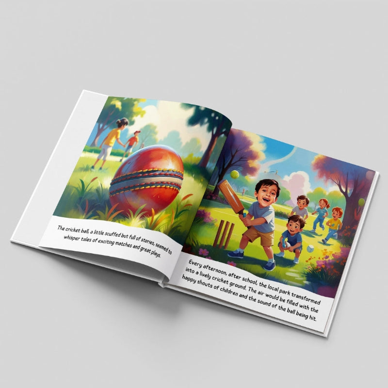 Open book with colorful illustration of children playing cricket