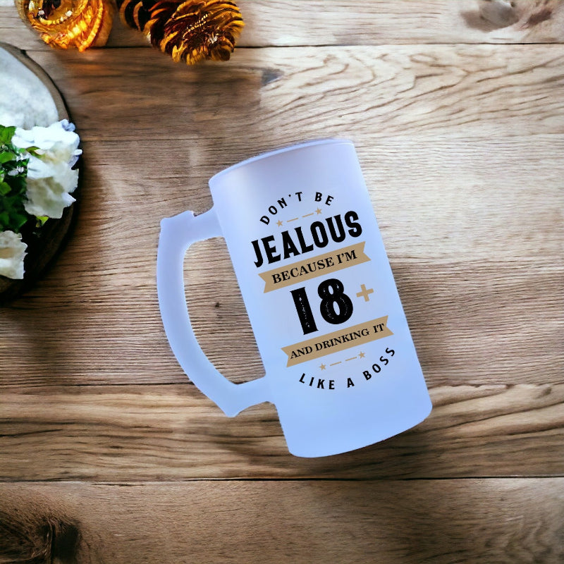 Frosted mug with humorous text on a wooden surface