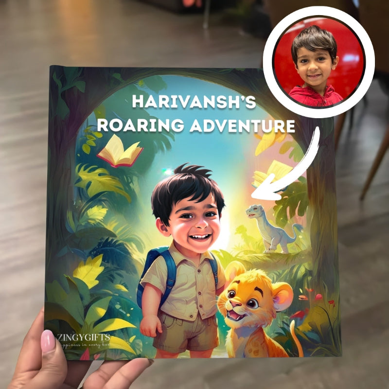 Personalized children's book titled 'Harivansh's Roaring Adventure' with a child's photo inset.