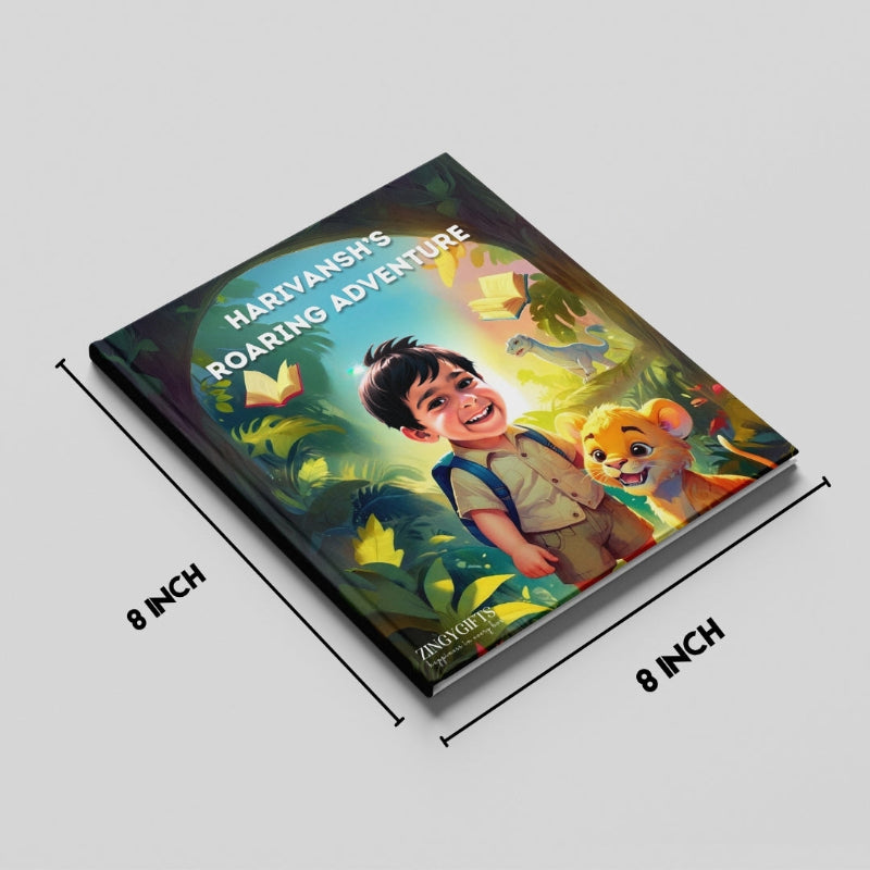 Children's book titled 'Harivansh's Roaring Adventure' with a colorful cover featuring a boy and a lion, displayed on a light gray background.