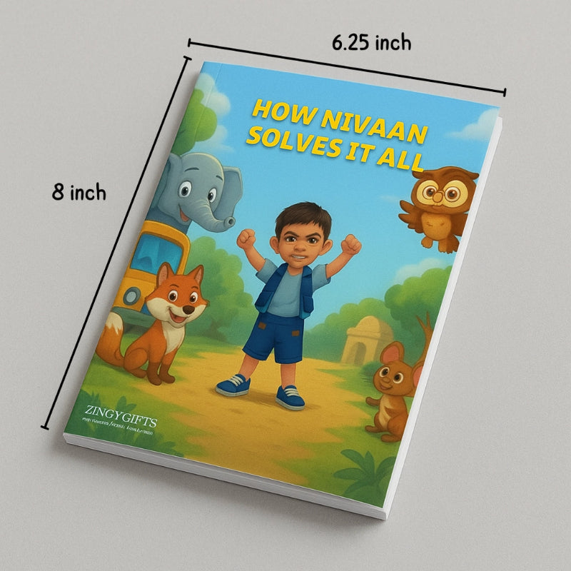 Children's book titled 'How Nivaan Solves It All' with cartoon characters on a gray background