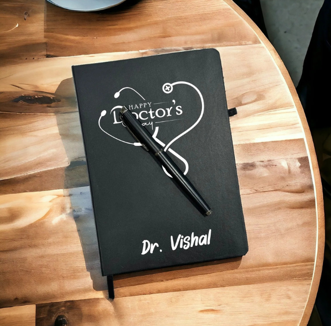 Black notebook with a pen on a wooden surface, personalized with 'Happy Doctor's Day' and 'Dr. Vishal'.
