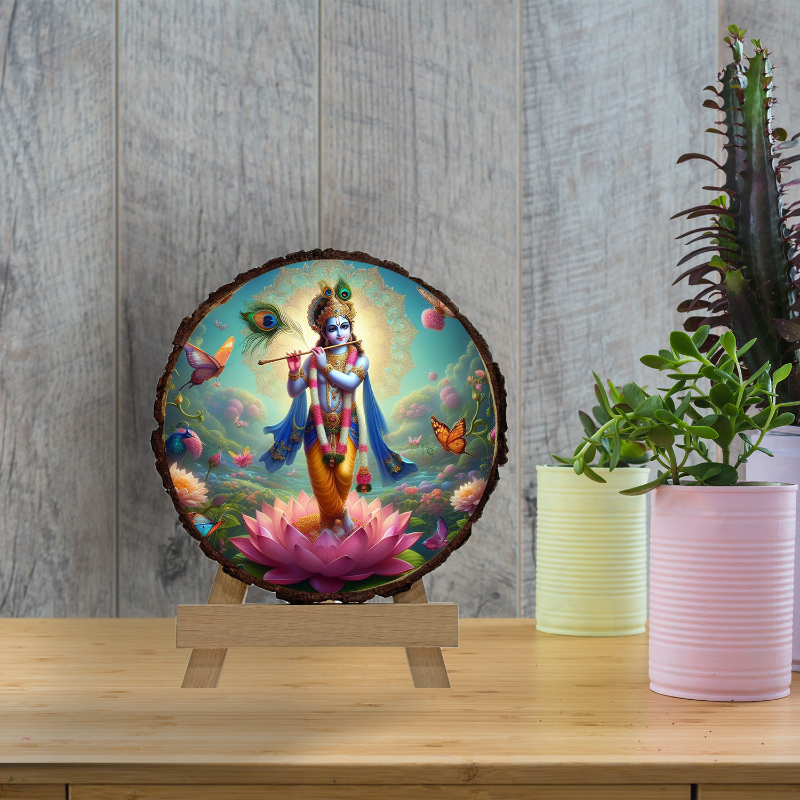 A wooden slice frame with a colorful illustration of Krishna, surrounded by a floral design, displayed on a wooden stand.