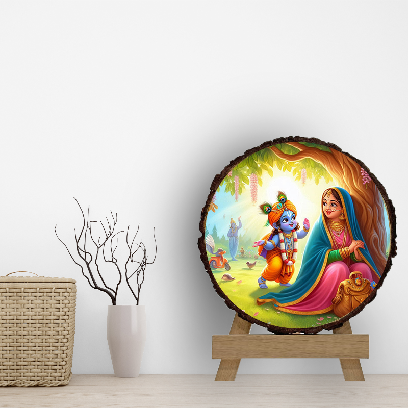 A circular natural wooden photo frame featuring an image of divine krishna, with a flute, set against a green background. The frame is on a wooden easel.