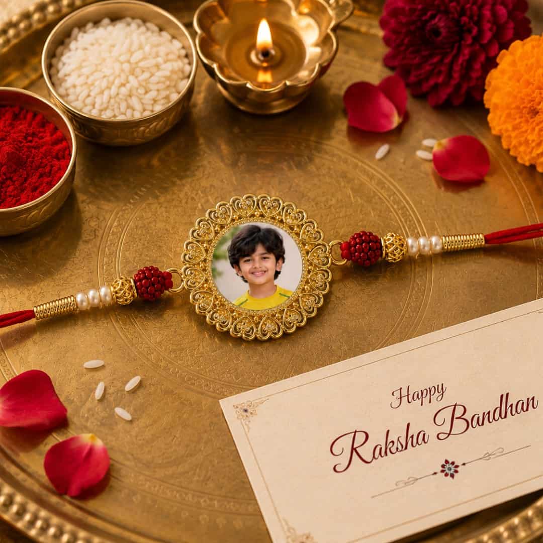 Personalized Photo Rakhi — Golden Heart Custom Photo Rakhi for Brother