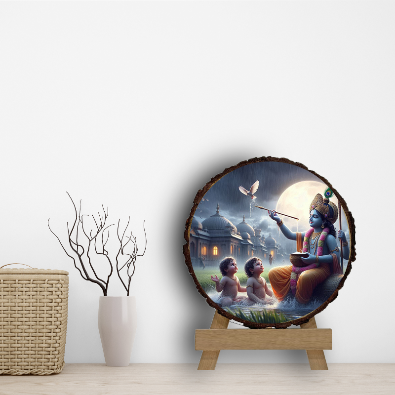 A circular wooden art piece featuring an illustration of Lord Krishna with a serene expression, sitting on a wooden throne with a moonlit background, displayed on a wooden stand.